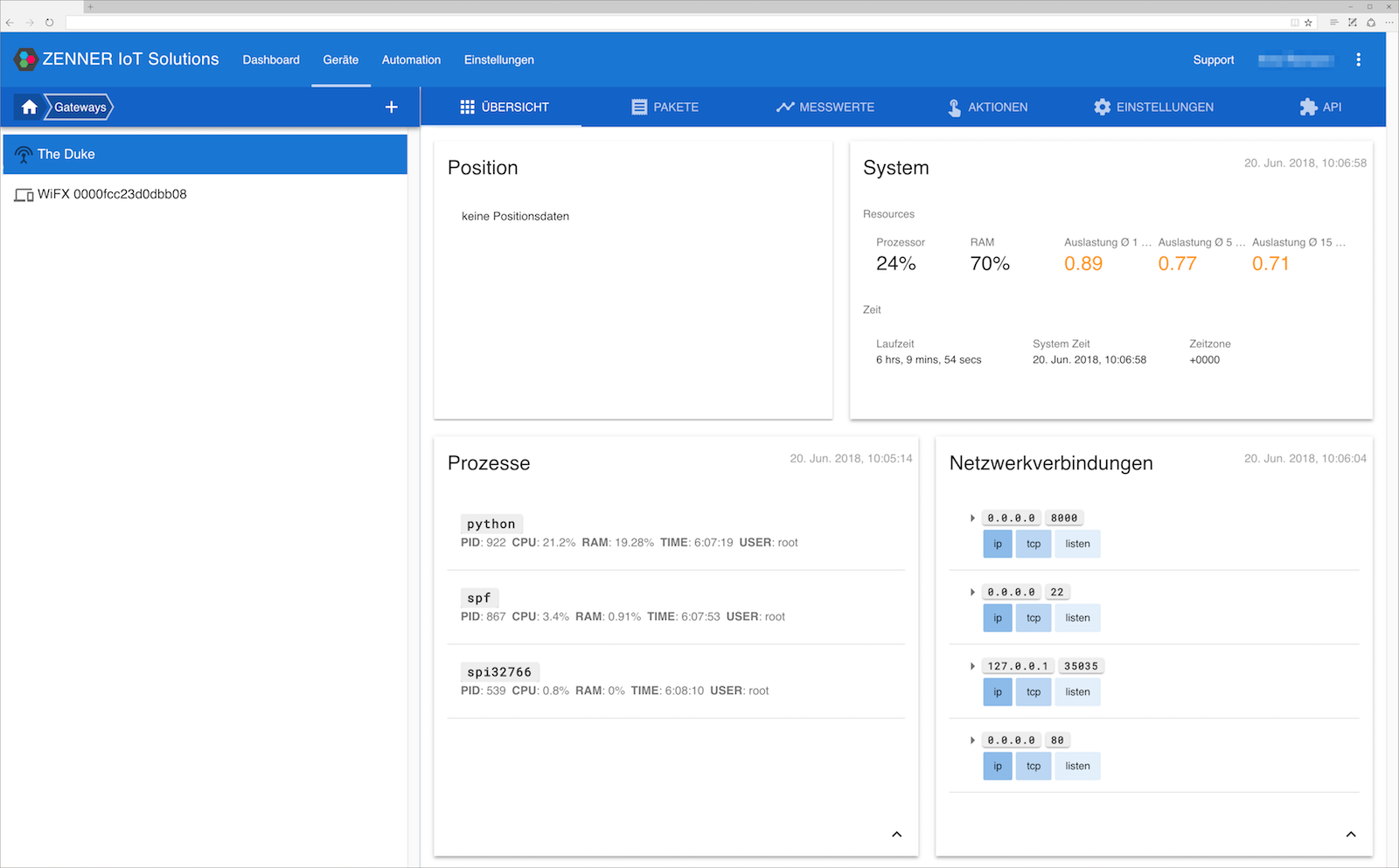 Screenshot des Gateway Manamanegt System in ELEMENT